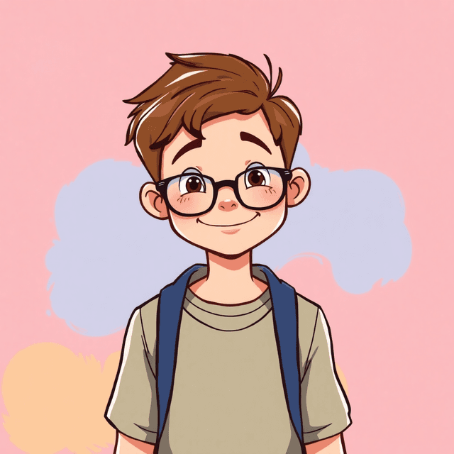 happy 9 year old boy with glasses, colorful background, cartoon style illustration